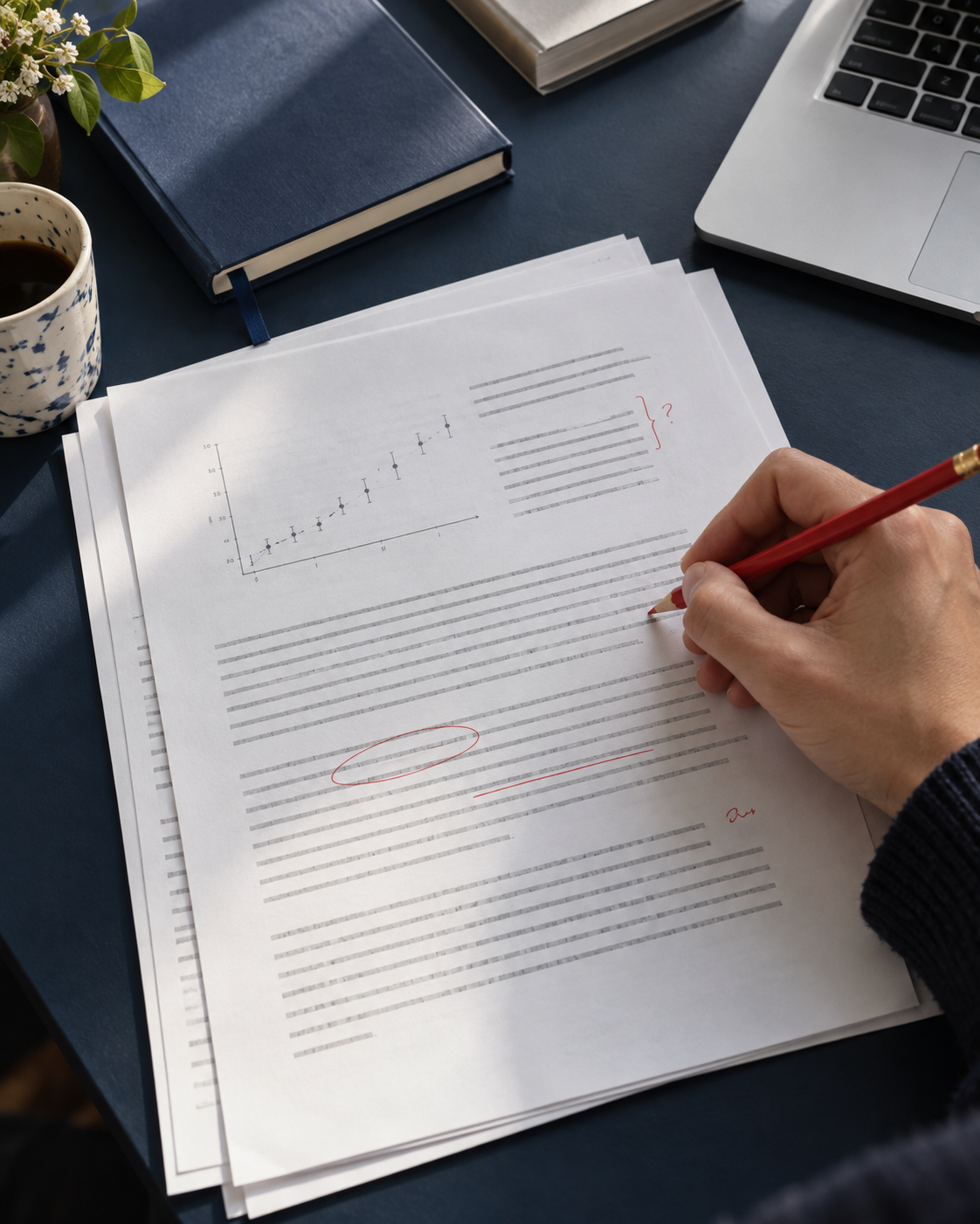 Illustrative academic editing workspace with draft notes and a pencil